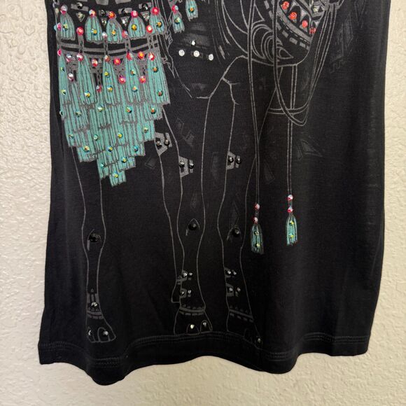 Key Closet Top Womens XS Camel Swarovski Crystal Rhinestone Tank Tee Shirt Black - Picture 3 of 9